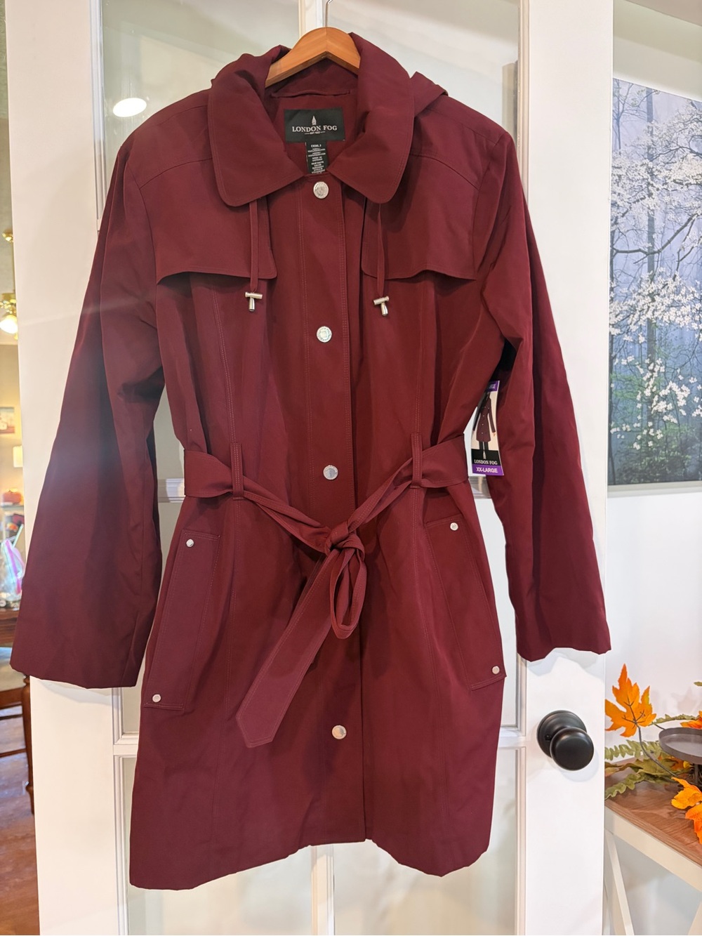 NWT London Fog Burgundy Hooded Trench Coat Water Resistant Belted Rain Jacket 2X